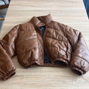 Zara Brown Leather puffer Jacket